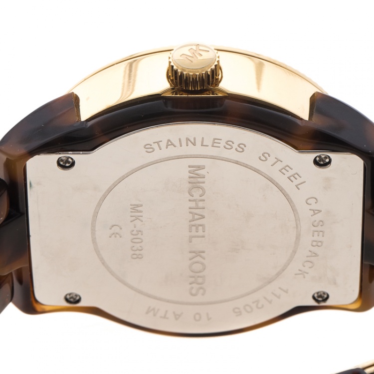 Pre Owned Michael Kors Brown Mother of Pearl Tortoise Shell Acrylic Gold Plated Steel Jet Set Mk5038 Women's Wristwatch 37 mm