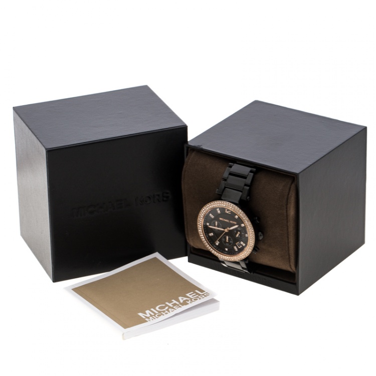 Pre Owned Michael Kors Black Stainless Steel and Rose Gold Plated Steel Parker MK5885 Women's Wristwatch 39 mm