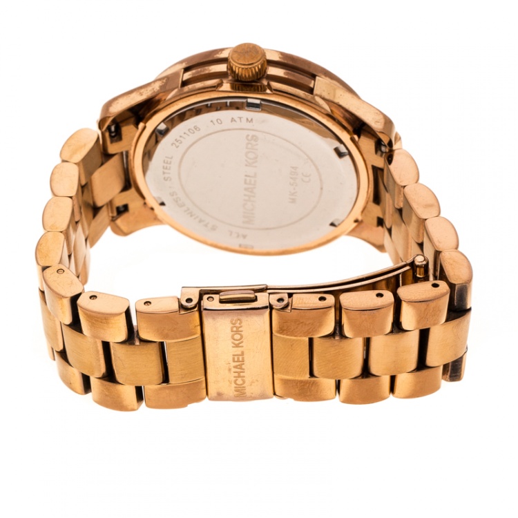 Pre Owned Michael Kors Brown Mother of Pearl Rose Gold Plated Steel Runway MK5494 Women's Wristwatch 39 mm