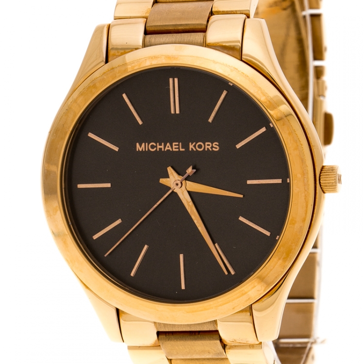 Pre Owned Michael Kors Brown Rose Gold Plated Steel Runway MK3181 Women's Wristwatch 42 mm