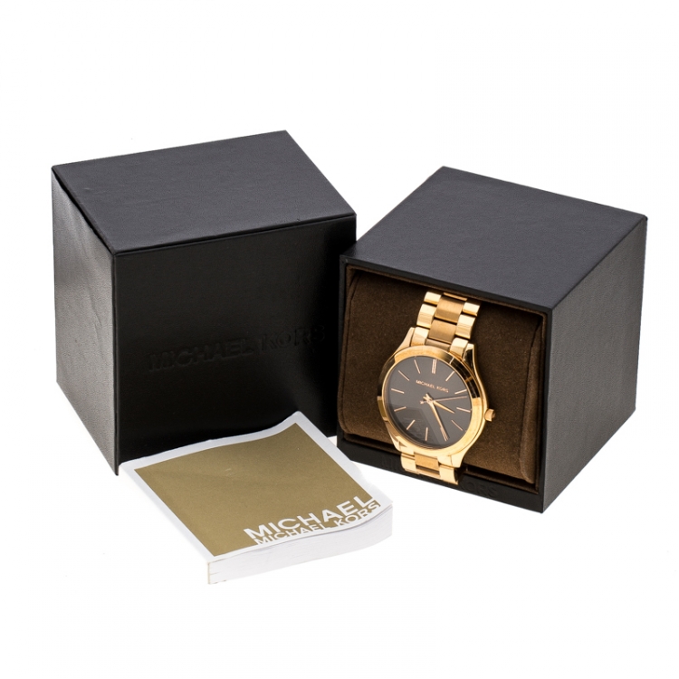Pre Owned Michael Kors Brown Rose Gold Plated Steel Runway MK3181 Women's Wristwatch 42 mm