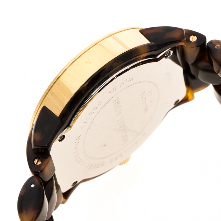 Pre Owned Michael Kors Brown Acrylic Gold Plated Stainless Steel MK5216 Women's Wristwatch 43 mm