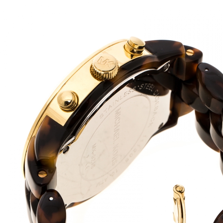Pre Owned Michael Kors Brown Acrylic Gold Plated Stainless Steel MK5216 Women's Wristwatch 43 mm