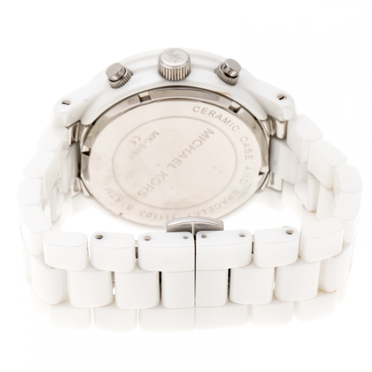 Pre Owned Michael Kors White Ceramic Runway MK5161 Chronograph Women's Wristwatch 39 mm