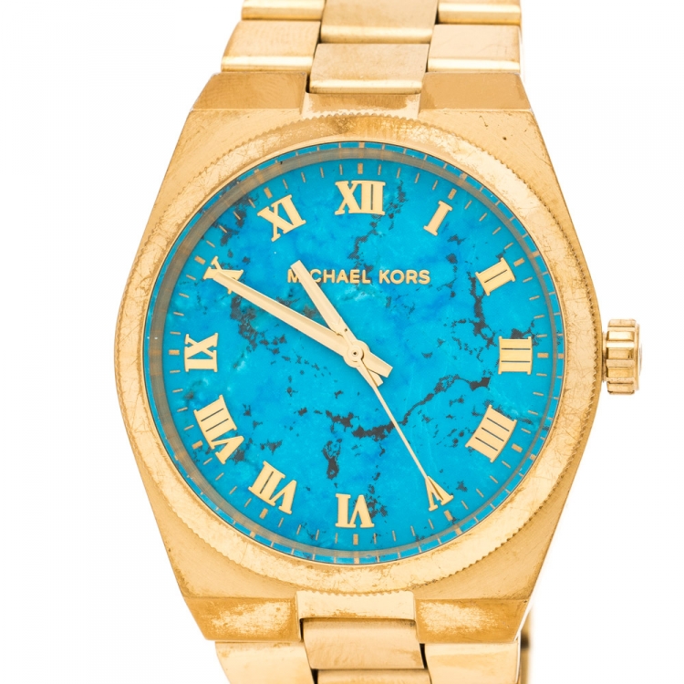 Pre Owned Michael Kors Turquoise Yellow Gold Plated Stainless Steel Channing MK5894 Women's Wristwatch 38 mm