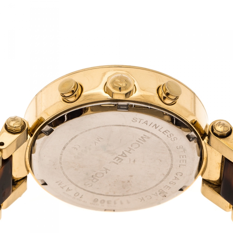 Pre Owned Michael Kors Yellow Gold Plated Stainless Steel Tortoise Parker MK5688 Women's Wristwatch 39 mm