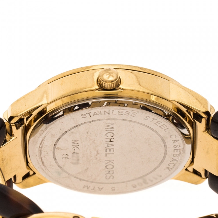 Pre Owned Michael Kors Yellow Gold Plated Stainless Steel Tortoise Twist Chain Link MK4279 Women's Wristwatch 35 mm