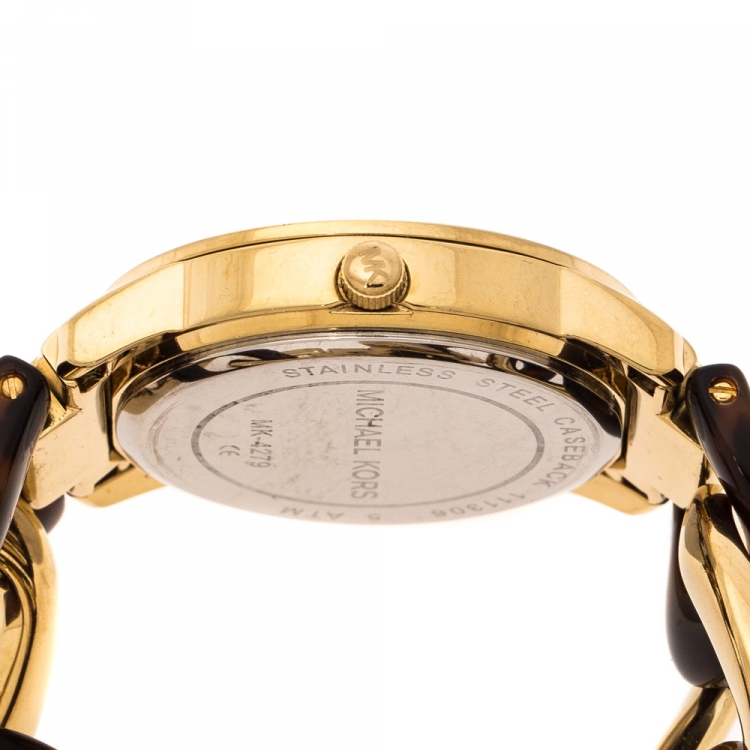 Pre Owned Michael Kors Yellow Gold Plated Stainless Steel Tortoise Twist Chain Link MK4279 Women's Wristwatch 35 mm