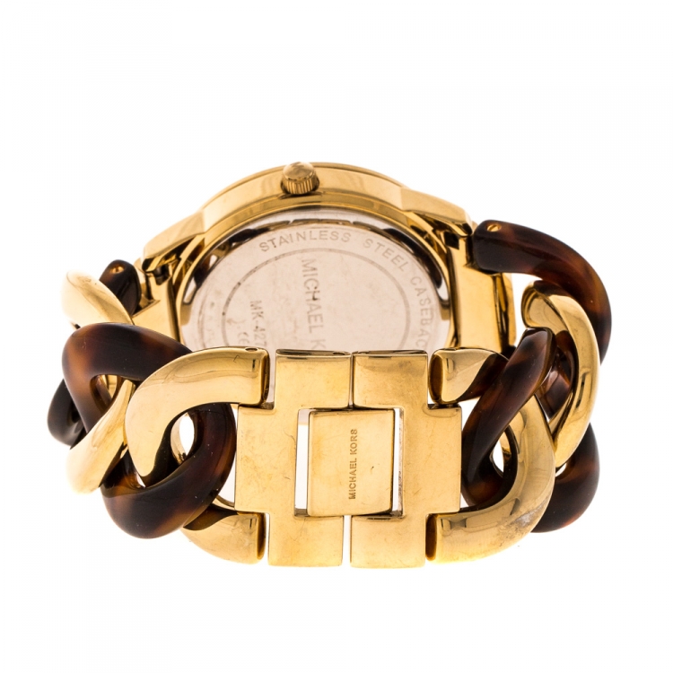 Pre Owned Michael Kors Yellow Gold Plated Stainless Steel Tortoise Twist Chain Link MK4279 Women's Wristwatch 35 mm