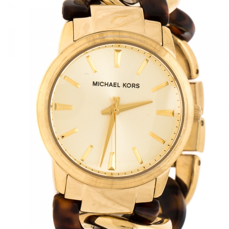 Pre Owned Michael Kors Yellow Gold Plated Stainless Steel Tortoise Twist Chain Link MK4279 Women's Wristwatch 35 mm