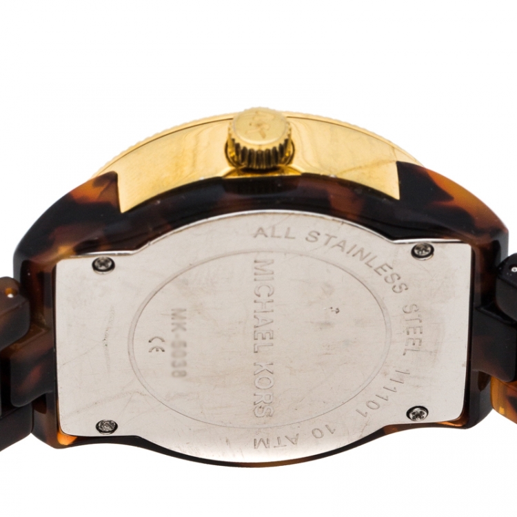 Pre Owned Michael Kors Brown Mother of Pearl Tortoise Shell Acrylic Gold Plated Steel Jet Set MK5038 Women's Wristwatch 36 mm