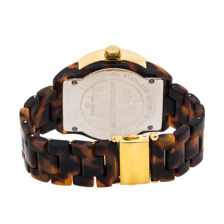 Pre Owned Michael Kors Brown Mother of Pearl Tortoise Shell Acrylic Gold Plated Steel Jet Set MK5038 Women's Wristwatch 36 mm
