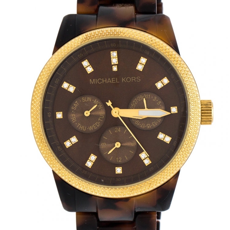 Pre Owned Michael Kors Brown Mother of Pearl Tortoise Shell Acrylic Gold Plated Steel Jet Set MK5038 Women's Wristwatch 36 mm