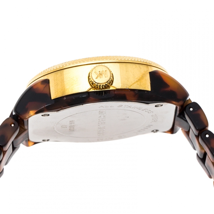 Pre Owned Michael Kors Brown Mother of Pearl Tortoise Shell Acrylic Gold Plated Steel Jet Set MK5038 Women's Wristwatch 36 mm