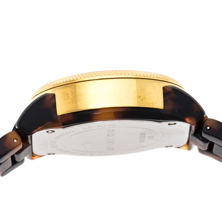 Pre Owned Michael Kors Brown Mother of Pearl Tortoise Shell Acrylic Gold Plated Steel Jet Set MK5038 Women's Wristwatch 36 mm