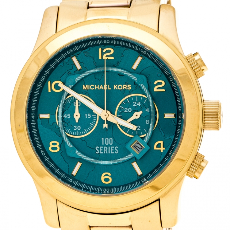 Pre Owned Michael Kors Aqua Blue Yellow Gold Plated Stainless Steel Watch Hunger Stop Runway MK8315 Women's Wristwatch 43 mm