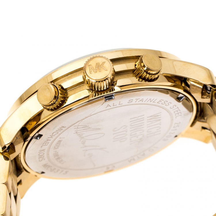 Pre Owned Michael Kors Aqua Blue Yellow Gold Plated Stainless Steel Watch Hunger Stop Runway MK8315 Women's Wristwatch 43 mm