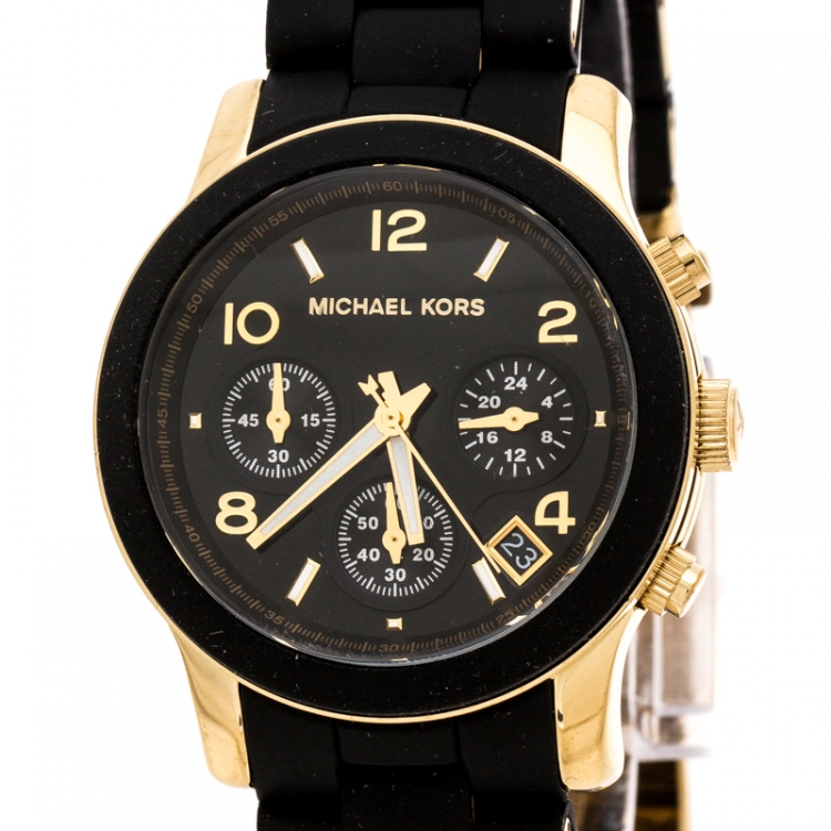 Pre Owned Michael Kors Black Gold Plated Stainless Steel Black Silicon Rubber Runway MK5191 Women's Wristwatch 38 mm