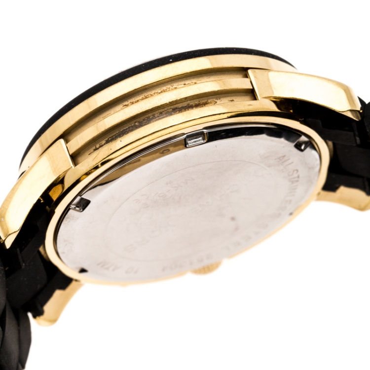 Pre Owned Michael Kors Black Gold Plated Stainless Steel Black Silicon Rubber Runway MK5191 Women's Wristwatch 38 mm