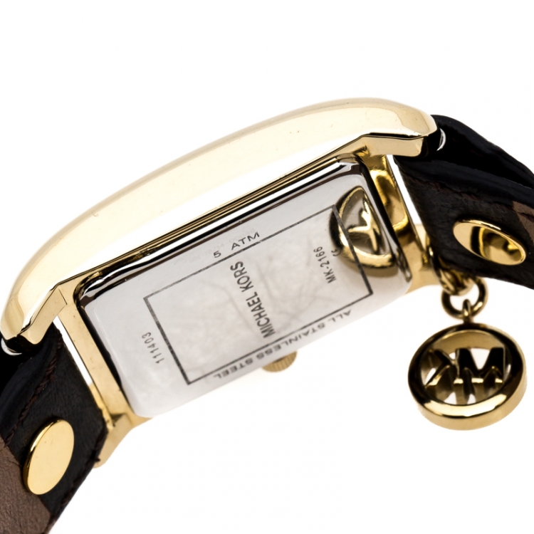 Pre Owned Michael Kors Yellow Gold Plated Stainless Steel Leather Jet Set MK2166 Women's Wristwatch 26 mm