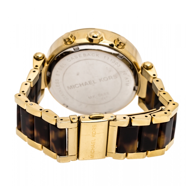 Pre Owned Michael Kors Yellow Gold Plated Stainless Steel Tortoise Parker MK5688 Women's Wristwatch 39 mm