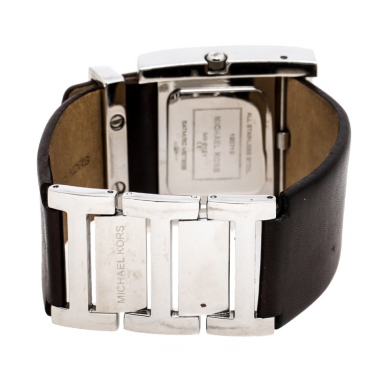 Pre Owned Michael Kors Silver White Stainless Steel Leather MK2121 Women's Wristwatch 37 mm