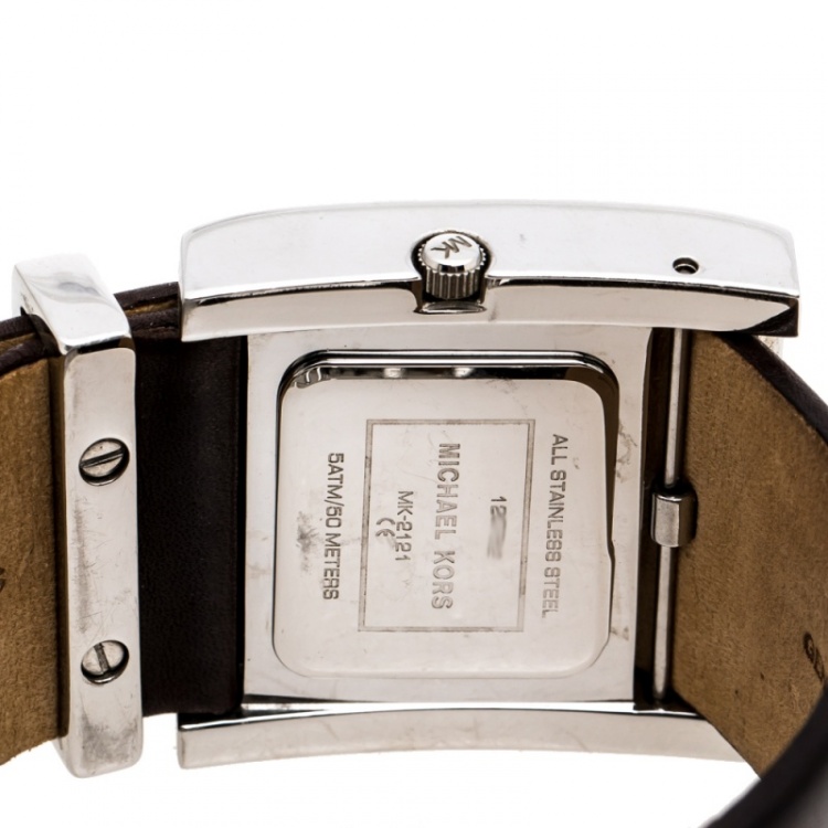 Pre Owned Michael Kors Silver White Stainless Steel Leather MK2121 Women's Wristwatch 37 mm