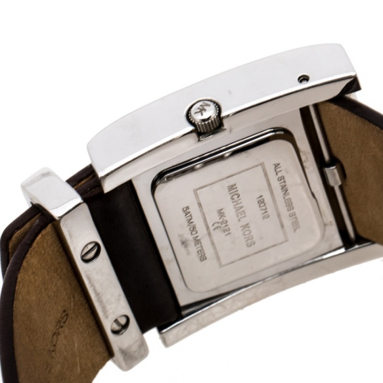 Pre Owned Michael Kors Silver White Stainless Steel Leather MK2121 Women's Wristwatch 37 mm
