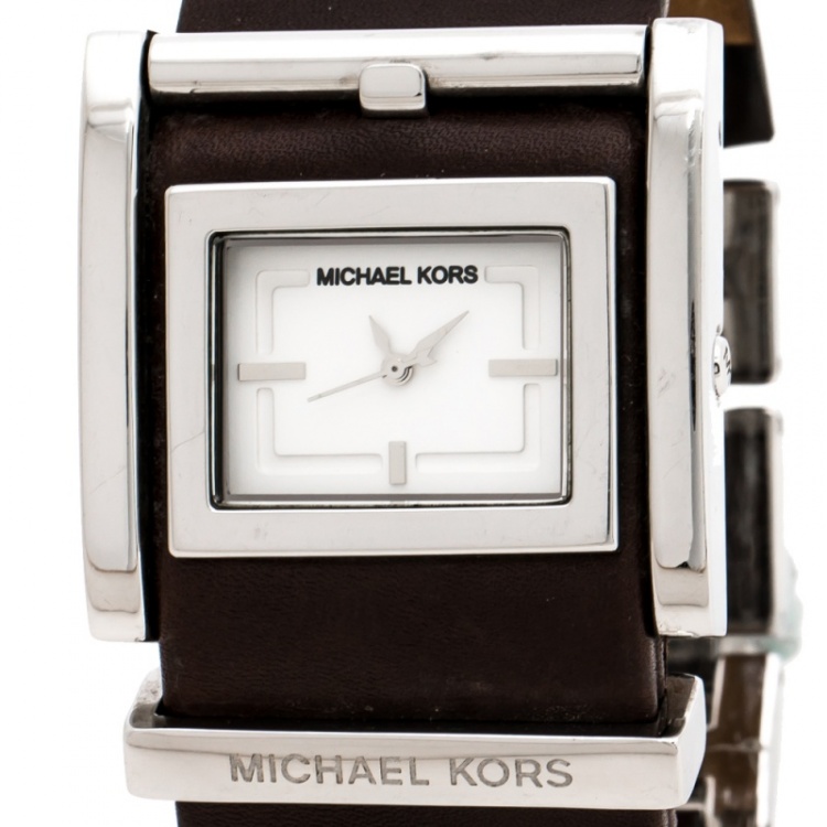 Pre Owned Michael Kors Silver White Stainless Steel Leather MK2121 Women's Wristwatch 37 mm