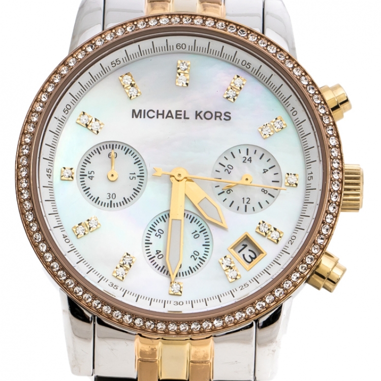 Pre Owned Michael Kors Mother Of Pearl Tri-Tone Ritz MK5650 Women's Wristwatch 36 mm