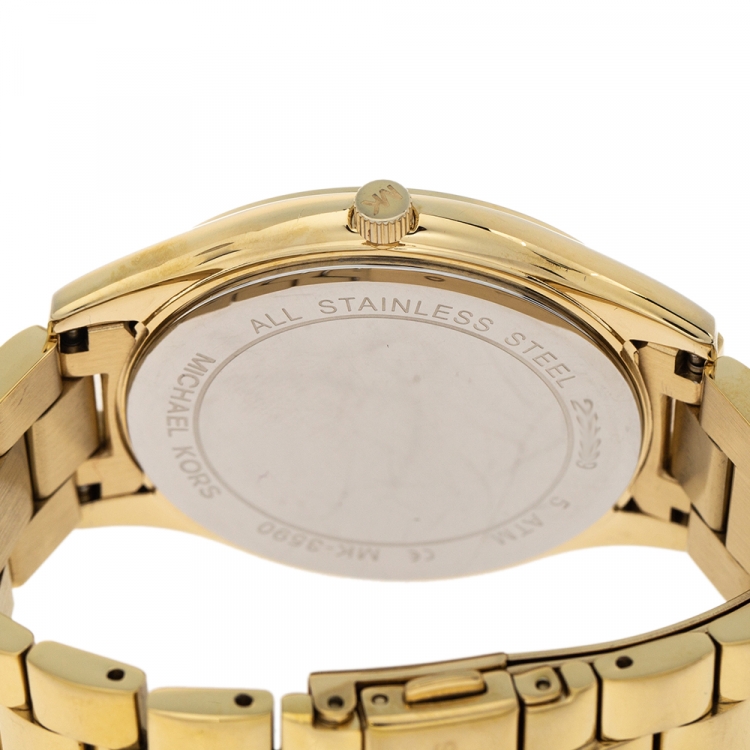 Pre Owned Michael Kors Yellow Gold Tone Stainless Steel Slim Runway MK3590 Women's Wristwatch 42 mm