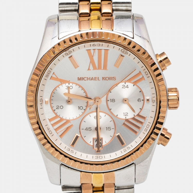 Pre Owned Michael Kors Silver Tri-Tone Stainless Steel Lexington MK5735 Women's Wristwatch 38 mm