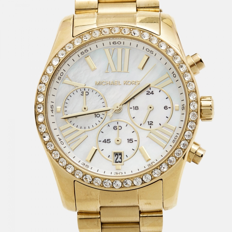 Pre Owned Michael Kors Mother of Pearl Gold Plated Stainless Steel Lexington MK7241 Women's Wristwatch 38 mm 