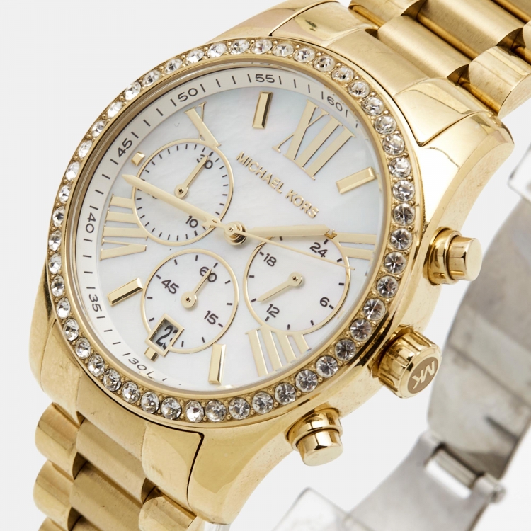 Pre Owned Michael Kors Mother of Pearl Gold Plated Stainless Steel Lexington MK7241 Women's Wristwatch 38 mm 