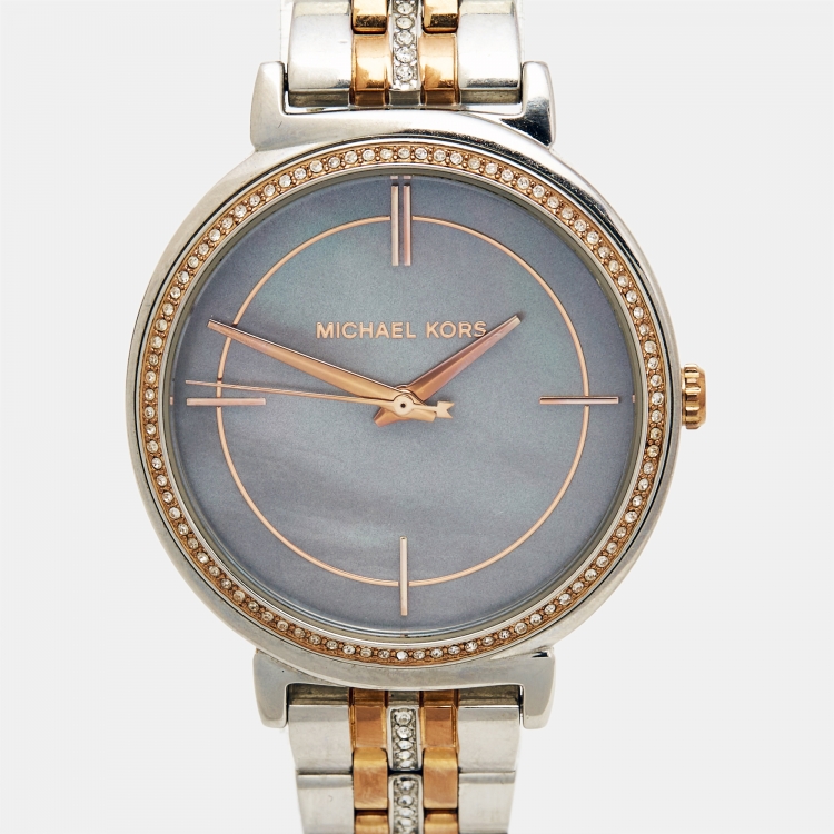 Pre Owned Michael Kors Grey Mother of Pearl Two Tone Stainless Steel Cinthia MK3642 Women's Wristwatch 33 mm