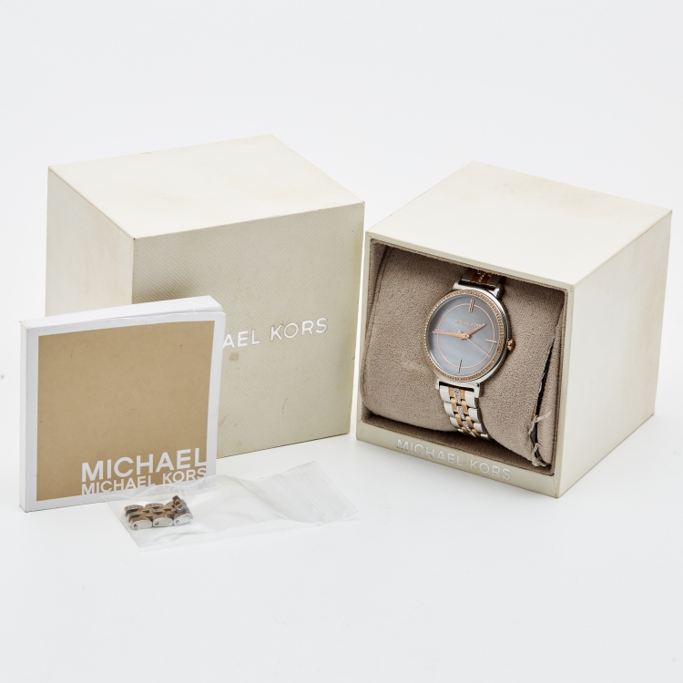 Pre Owned Michael Kors Grey Mother of Pearl Two Tone Stainless Steel Cinthia MK3642 Women's Wristwatch 33 mm