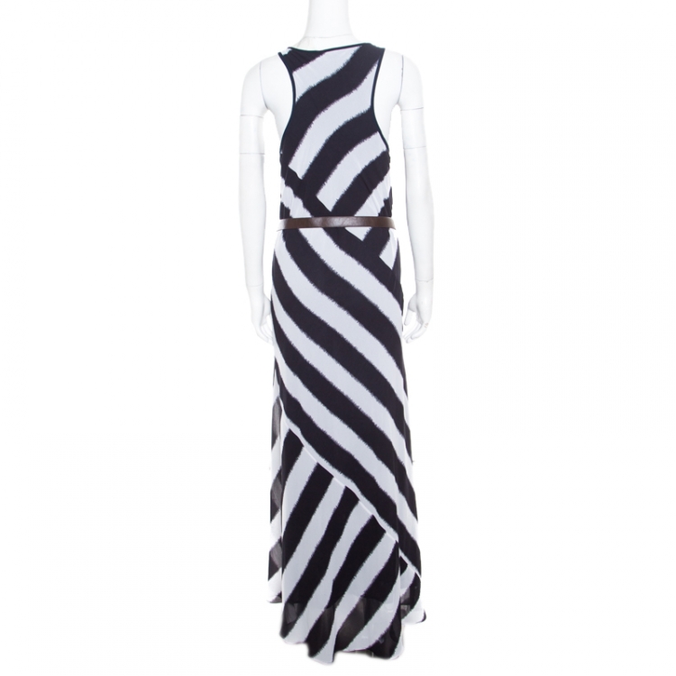 Pre Owned Michael Michael Kors Monochrome Striped Racerback Belted Maxi Dress XL