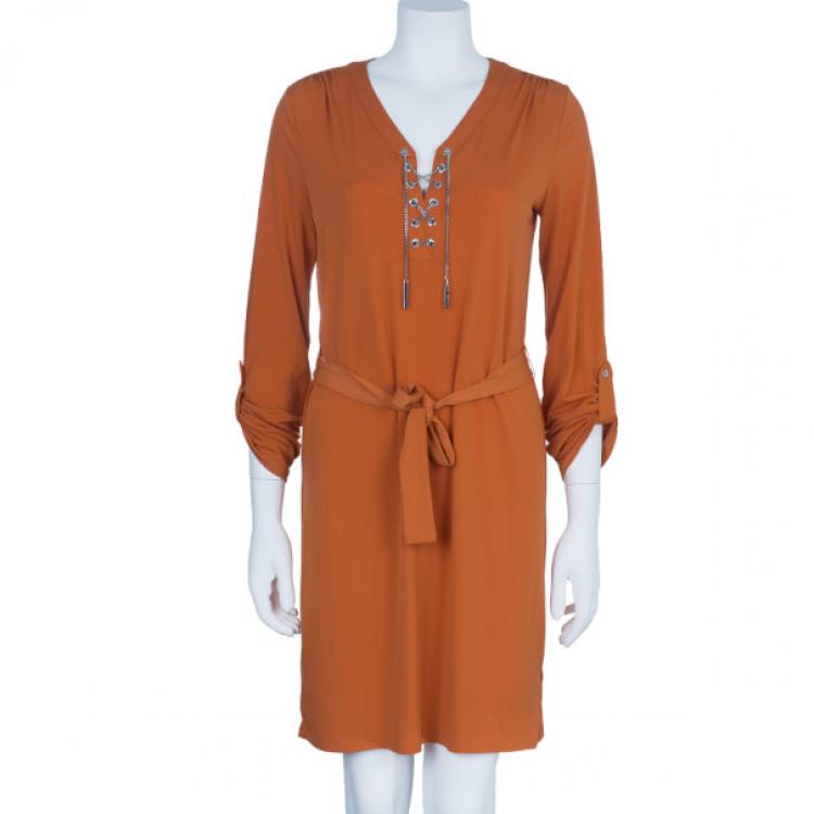 Pre Owned MICHAEL Michael Kors Orange Drawstring Detail Dress S