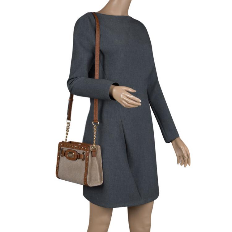Pre Owned Michael Michael Kors Brown Canvas and Leather Studded Hamilton Crossbody Bag