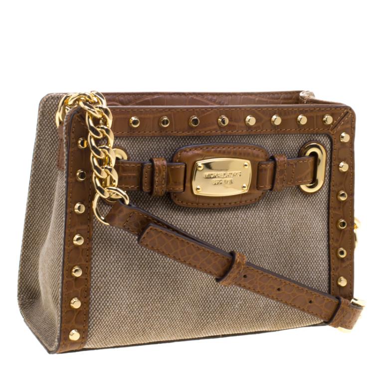 Pre Owned Michael Michael Kors Brown Canvas and Leather Studded Hamilton Crossbody Bag