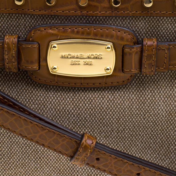 Pre Owned Michael Michael Kors Brown Canvas and Leather Studded Hamilton Crossbody Bag