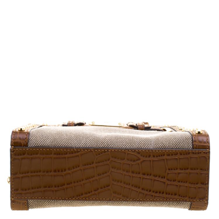 Pre Owned Michael Michael Kors Brown Canvas and Leather Studded Hamilton Crossbody Bag