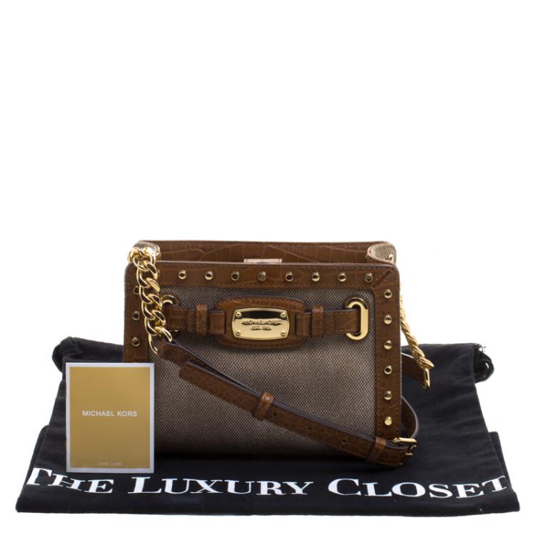 Pre Owned Michael Michael Kors Brown Canvas and Leather Studded Hamilton Crossbody Bag