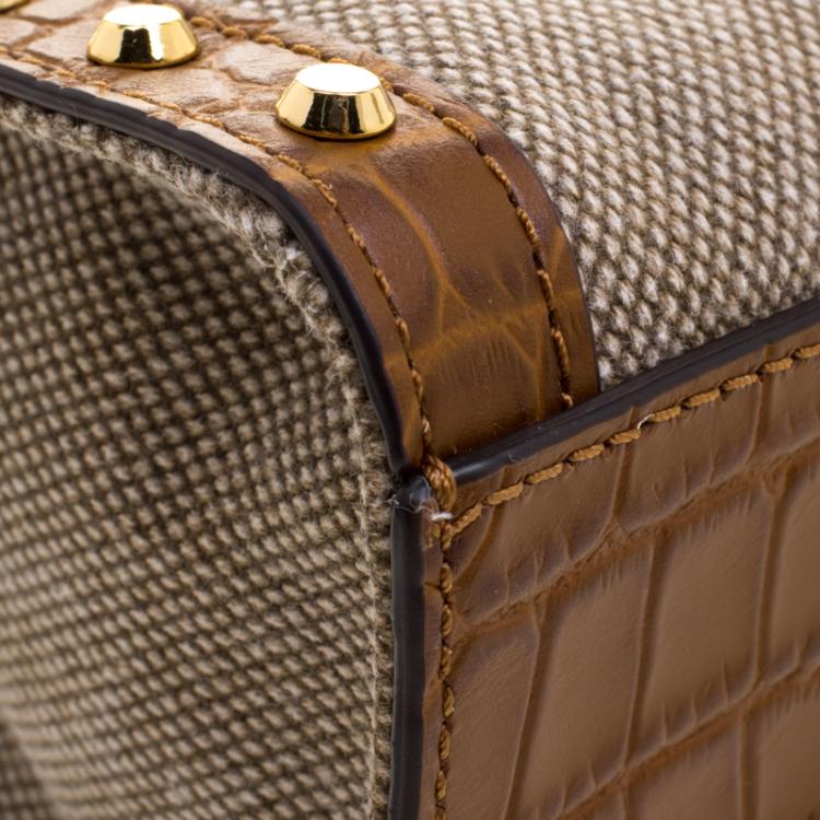 Pre Owned Michael Michael Kors Brown Canvas and Leather Studded Hamilton Crossbody Bag