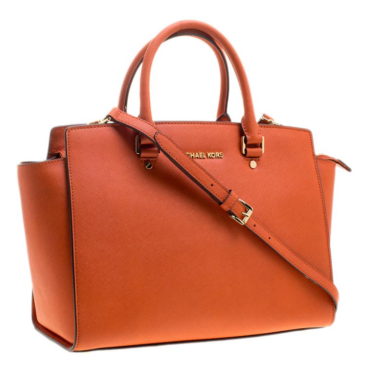 Pre Owned Michael Michael Kors Orange Saffiano Leather Medium Selma Tote