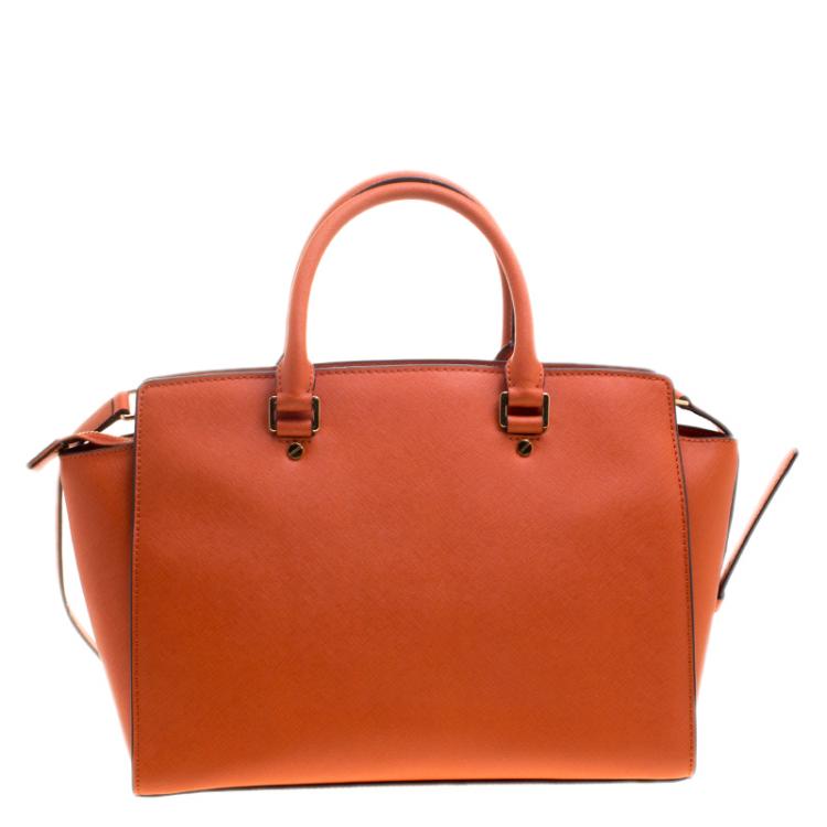 Pre Owned Michael Michael Kors Orange Saffiano Leather Medium Selma Tote