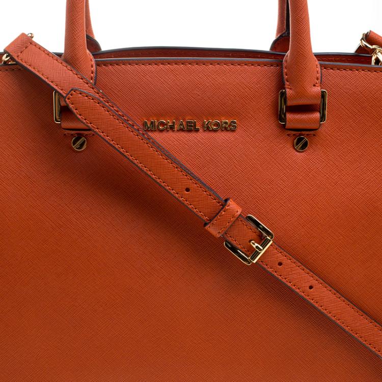 Pre Owned Michael Michael Kors Orange Saffiano Leather Medium Selma Tote