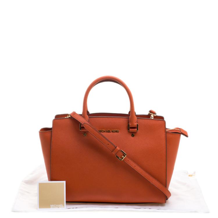 Pre Owned Michael Michael Kors Orange Saffiano Leather Medium Selma Tote