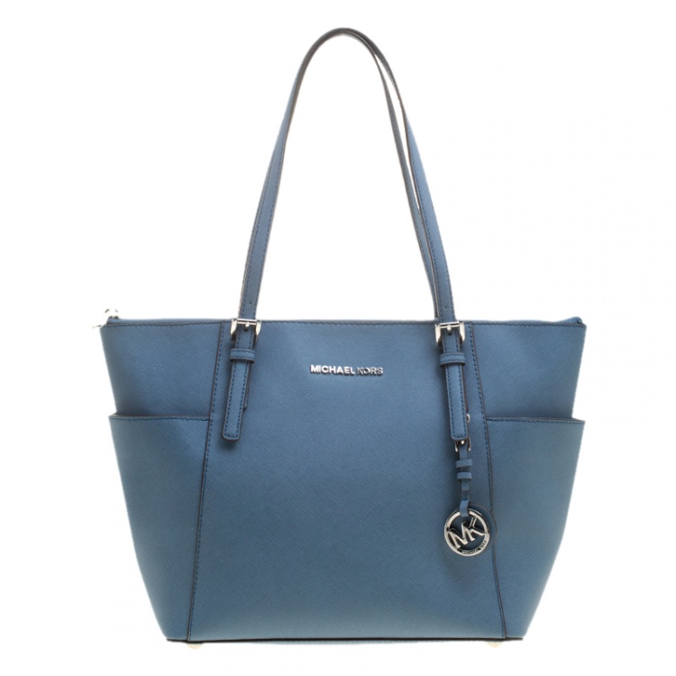 Pre Owned Michael Michael Kors Blue Saffiano Leather Jet Set Top Zip Tote