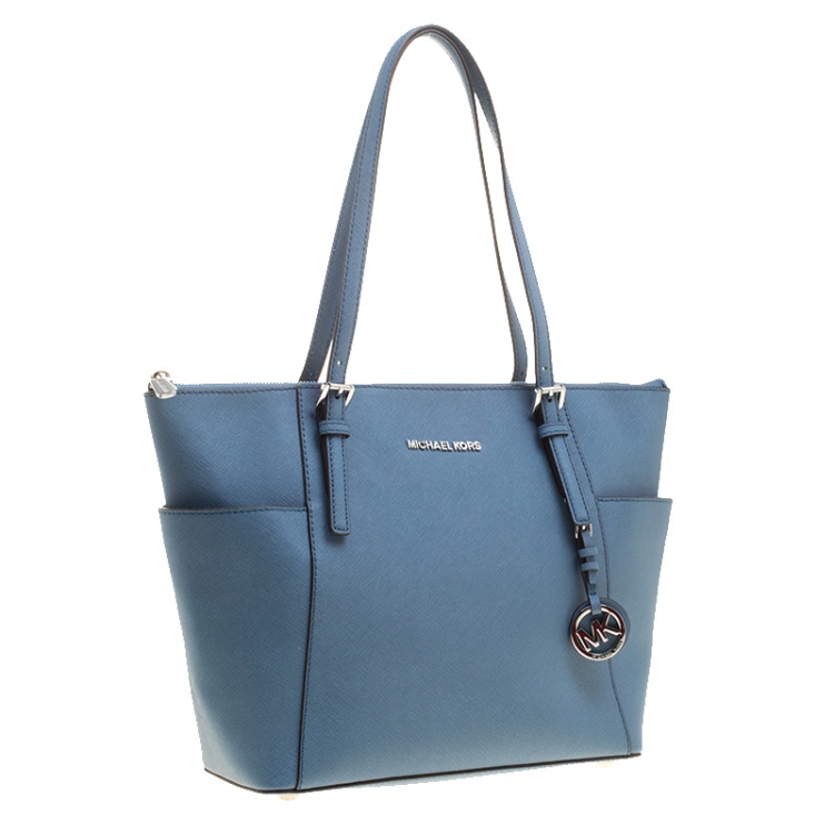 Pre Owned Michael Michael Kors Blue Saffiano Leather Jet Set Top Zip Tote